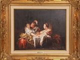 une image représentant un tableau où l'on voit une famille réunie autour d'un bébé