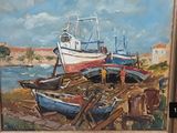 a painting of boats on the shore by the water