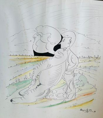 dessin représentant un homme et une femme assis sur une planche de surf dans l'océan