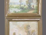 two framed paintings of a landscape with trees and a river