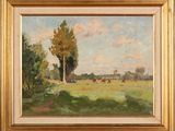 an oil painting of cows grazing in a field with trees in the background