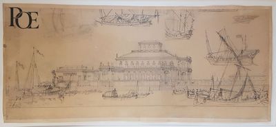 une image représentant un dessin d'un bâtiment et de bateaux sur l'eau