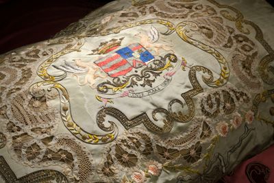 un oreiller sur lequel est représenté un blason