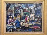 une peinture à l'huile représentant un groupe de personnes assises autour d'une table
