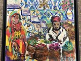 an oil painting of a woman and a man at a market