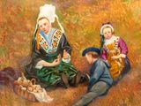 a painting of a group of people sitting in a field