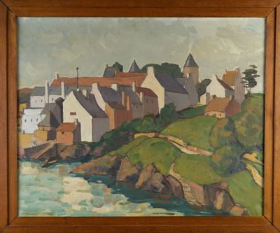an oil painting of houses on a hill overlooking a body of water