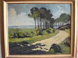 une peinture à l'huile représentant un chemin de terre devant un champ herbeux
