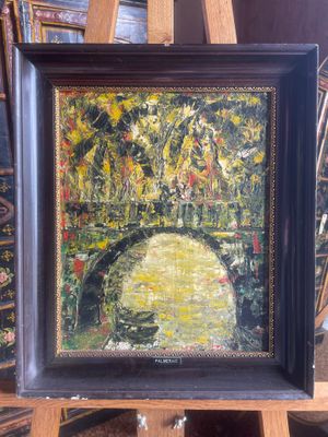 an oil painting of a bridge over a body of water
