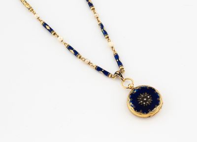 un gros plan d'un collier orné d'une fleur bleue