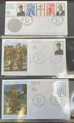 four stamps with military images are on display on a table