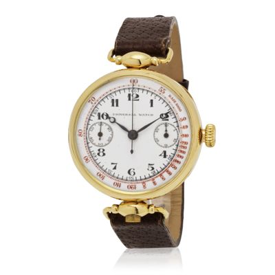 a close up of a wrist watch with a white dial and brown leather strap
