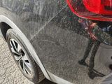 a close up of a car ' s rear end with a person walking in the background