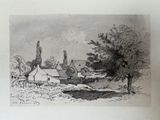 an old drawing of a village with a river in the foreground and a tree in the foreground