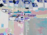 peinture abstraite représentant des bateaux dans un port, avec le clocher d'une église en arrière-plan