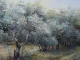 a painting of a tree in a field of grass