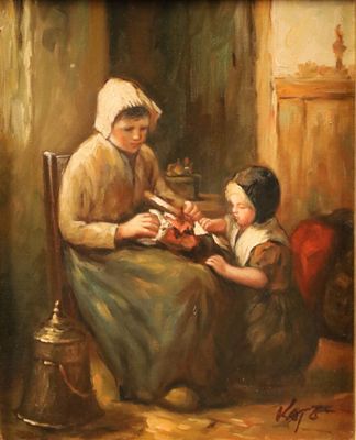 tableau représentant une femme et un enfant en train de lire un livre dans une pièce