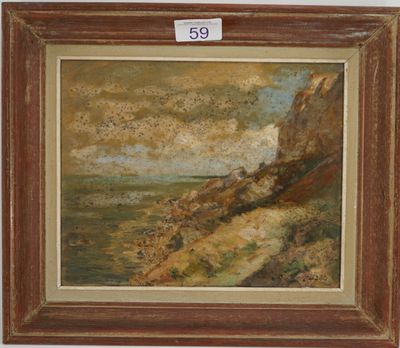 une peinture à l'huile représentant une côte rocheuse avec un phare au loin