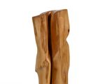 pair of wooden sculptures of a man and a woman on a white background