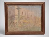 an oil painting of a building with a clock on top of it
