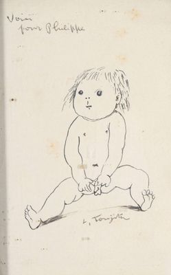dessin représentant un bébé assis par terre, un jouet à la main