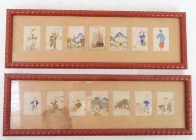 CANTON : 14 gouaches sur soie dans deux encadrements à décor…
