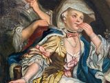 painting of a woman sitting in a chair next to a man with a dog