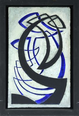 une peinture représentant un motif abstrait bleu et noir sur fond blanc
