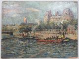 painting of a river scene with a boat in the foreground