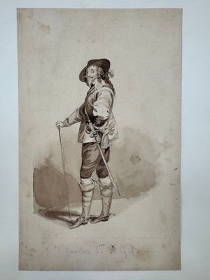 an old drawing of a man with a cane and a hat