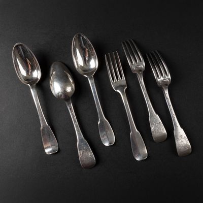 six silver spoons and a fork on a black surface