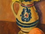 un tableau représentant un vase avec des fleurs et des oranges posé sur une table