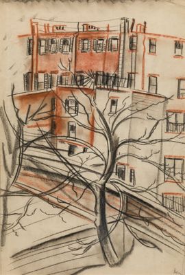 une image représentant un dessin d'un bâtiment avec un arbre devant