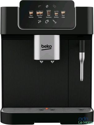 une machine à café noire posée sur un plan de travail blanc