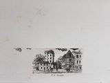 a black and white drawing of a building on the wall