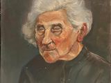 portrait of an old woman with white hair and a black shirt