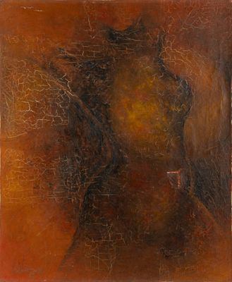 une peinture à l'huile représentant un cheval sur un fond marron et orange