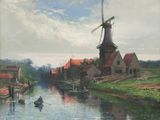 une peinture représentant un moulin à vent au bord d'une rivière