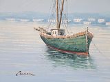 a painting of a boat in the water with a city in the background