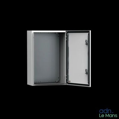 a metal enclosure with a door open on a black background