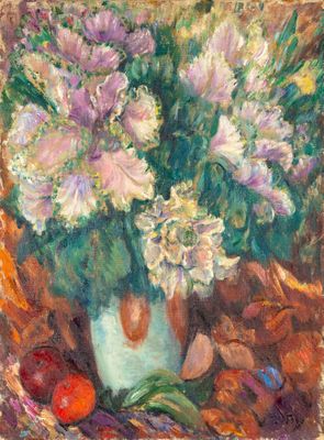 painting of flowers in a vase on a table with fruit and vegetables