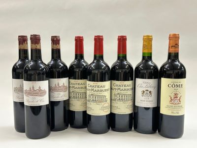 six bouteilles de vin sont alignées sur une surface blanche