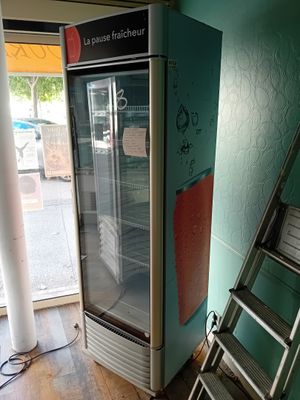 une échelle appuyée contre un réfrigérateur dans un coin de la pièce