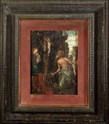 une peinture à l'huile représentant un homme sur une croix, avec une femme en arrière-plan