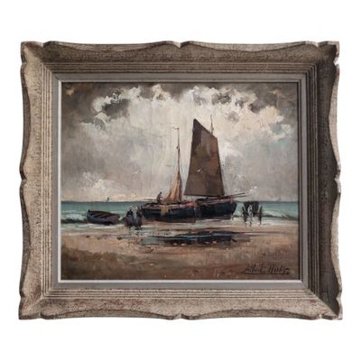 an image of a painting of a sailboat on the beach