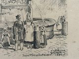 a drawing of a group of people standing in front of a fountain