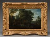 a painting of a wooded landscape with figures in the foreground