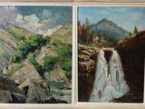 deux tableaux représentant une cascade et une montagne avec des arbres en arrière-plan