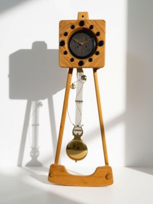 une horloge en bois posée sur un socle, surmontée d'une cloche