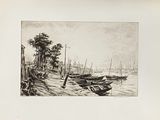 a black and white drawing of boats on the water